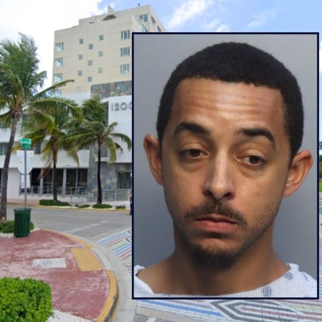Inset: Olajuwon Dickerson (Miami Dade Corrections). Background: The area in Miami Beach where Olajuwon Dickerson allegedly stabbed his friend after the victim confronted Dickerson for stealing away women that they met at bars (Google Maps). - Law & Crime