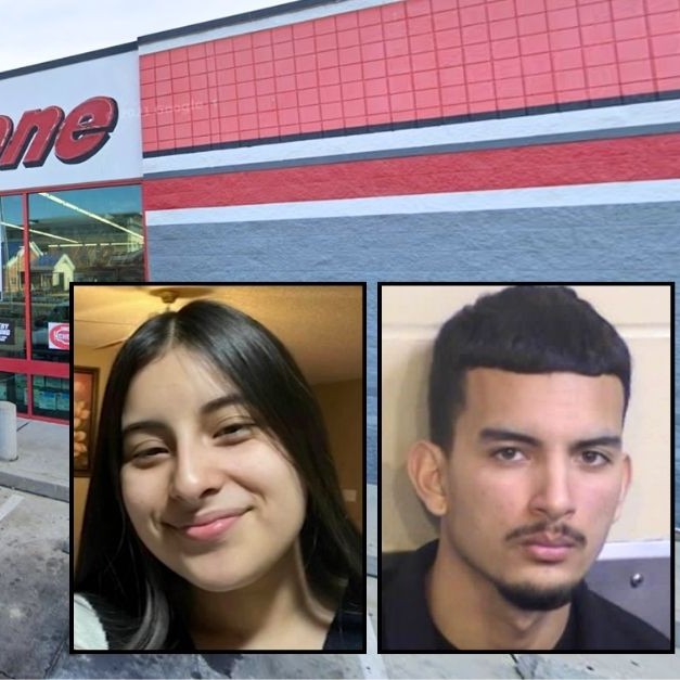Left inset: Melanie Camacho. Right inset: Vicente Jasso (Madera County Sheriff's Office). Background: The AutoZone in Madera, Calif., where Melanie Camacho was last seen before being murdered by her ex-boyfriend Vicente Jasso (Google Maps). - Google Maps