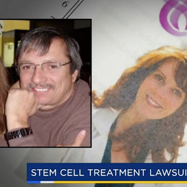 Inset: Michael Trujillo (KING/YouTube). Background: Advertisement materials included in the lawsuit filed against the Seattle Stem Cell Center and owner Dr. Tami Meraglia by Michael Trujillo's family (KIRO). - Law & Crime
