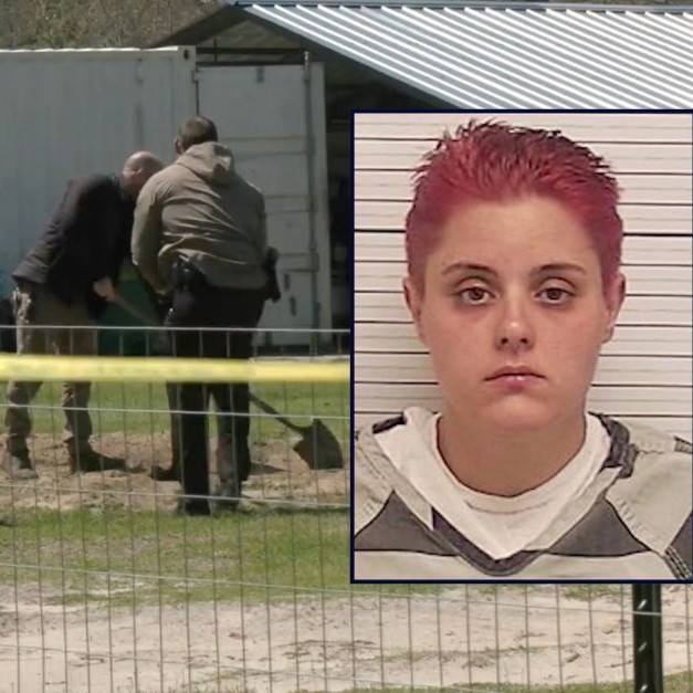Inset: Ashley Otero Averett (Bay County Jail). Background: Authorities digging up the yard where Averett allegedly buried her dismembered boyfriend, Joseph Eiler (WMBB). - WMBB