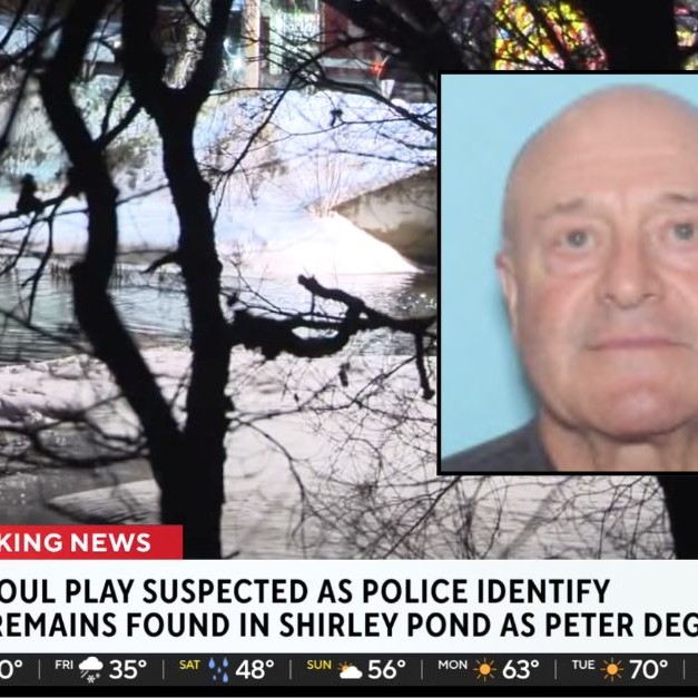 Background: News footage of the scene where human remains were found in Shirley, Mass., on March 4 (WBZ). Inset: Authorities identified the victim as Peter Degan (Middlesex County District Attorney's Office). - Law & Crime