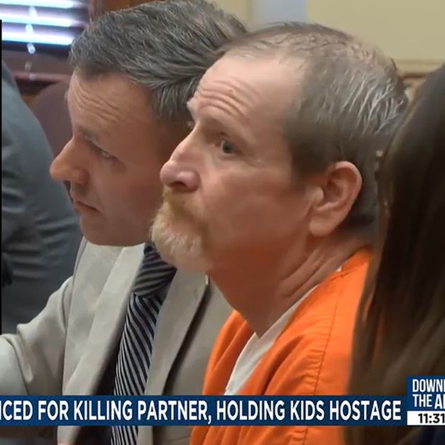 Background: News footage of Christopher Milke (in orange) in court on March 19 for his sentencing (KOLN). Inset: Tammy Leslie (Griffiths-Hovendick Chapel). - Law & Crime