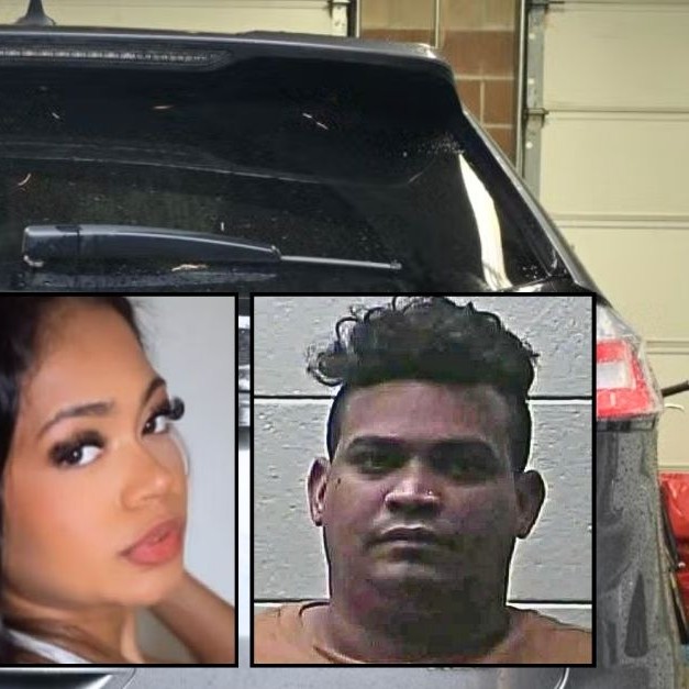 Left inset: Courtney Clinton (City of Vancouver, Wash.). Right inset: Dariel Nunez-Montero (Montgomery County Sheriff's Office). Background: The vehicle that Courtney Clinton was found dead in after being allegedly murdered inside of it by Dariel Nunez-Montero in front of her 1-year-old son (City of Vancouver, Wash.). - Law & Crime